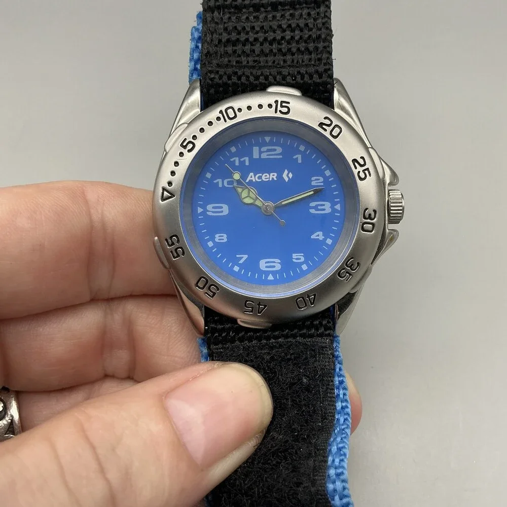 Acer Boys Watch 38mm Blue Dial Silver Tone Black Nylon Strap New Battery